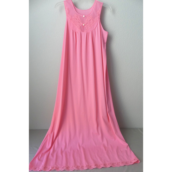 Vintage Pink Nylon Womens MEDIUM Nightgown Long Texsheen Lace Button - Picture 1 of 9